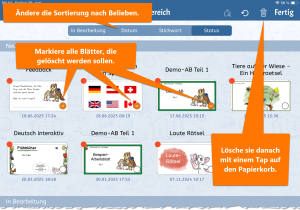 Ein Screenshot des Worksheet Go! Fenbsters mit hervorhebung der drei Elemente: Sortierungsbalken, Markierbuttons, Papierkorb-Symbol