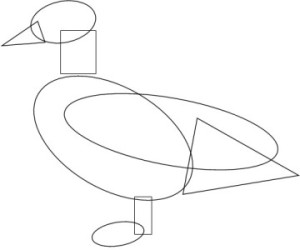 Der Umriss einer Ente, in Grundformen aufgestückelt.