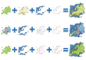 Europas Grenzen in verschiedenen Karten, individuell zusammengestellt nach dem Muster mehrerer Gleichungen.