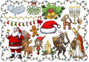 Nikolaus-Cliparts verschiedener Kulturen, bunt auf weißem Hintergrund.