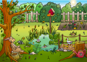 Diesen Beitrag über Frühlingsmaterialien für den Unterricht, in dem unter anderem Schneeglöckchengedichte für Kinder vorgestellt werden, illustriert eine bunte Zeichnung eines idyllischen Gartens.