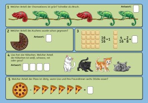 Bruchrechnen Übungen, kindgerecht bebildert, auf grünem Hintergrund.