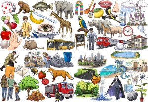 Grundwortschatzbegriffe, bunt gesammelt auf weißem Hintergrund.