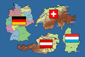 Karten von Deutschland, Österreich, der Schweiz und Luxemburg, auf dunkelblauem Hintergrund mit den Landesflaggen davor.
