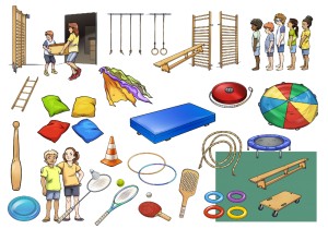 Sport Cliparts, wahllos angeordnet auf weißem Hintergrund.