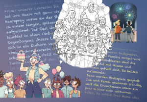 Geschichten für Kinder, collagenartig angeordnet mit Text und Bild.