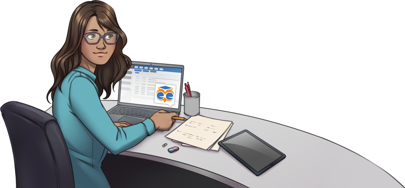 Illustration einer Person, die an einem Schreibtisch sitzt